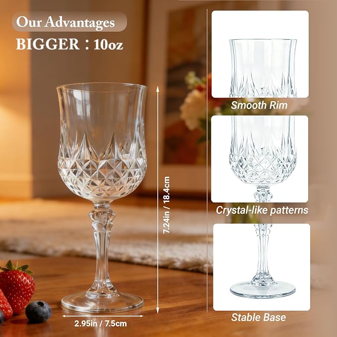 16 Pack Plastic Wine Glasses,10oz Unbreakable Vintage Style Goblets,Reusable Crystal Like Drinking Glass for Wedding Reception, Party Supplies (Clear)