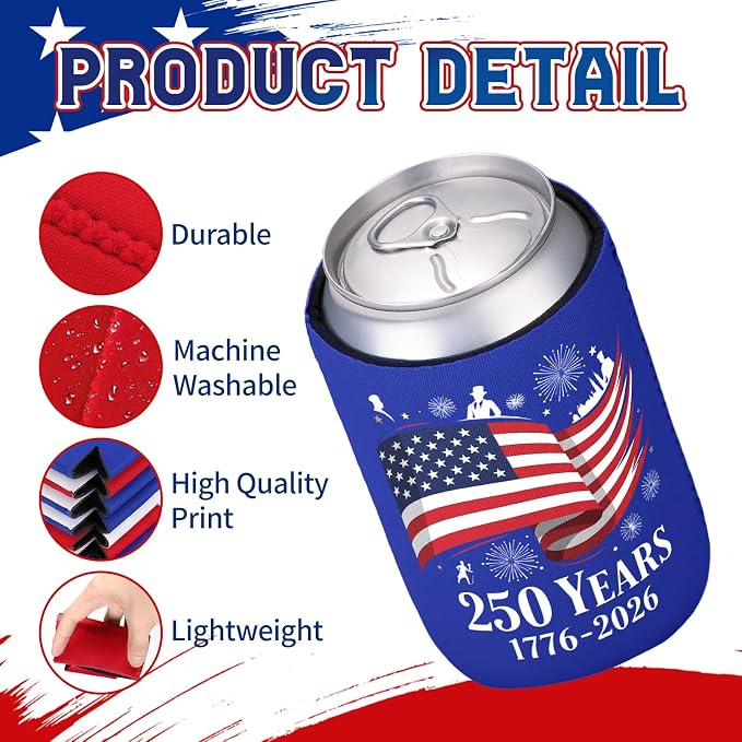 4th of July 250th Anniversary Can Cooler Sleeves 12 Pack American Patriotic Insulated Neoprene Drink Holder for Memorial Day Fourth of July Accessories Party Favors