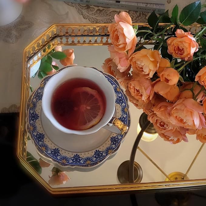 ONEUSTAR Tea Cup and Saucer Set for 1 Bone China Floral Coffee Cup with Gold Trim 6.8 oz Vintage English Teacup for Women Mother's Day Gift, Blue