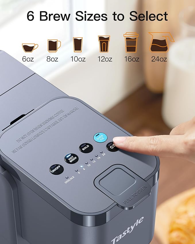 Tastyle Single Serve Hot & Iced Coffee Maker with Strong Brew, 40oz Removable Reservoir, 6 Brew Sizes, Compatible with K Cup and Grounds, Compact for Home, Office, RV and Dorm, Gray (2.0 Version)