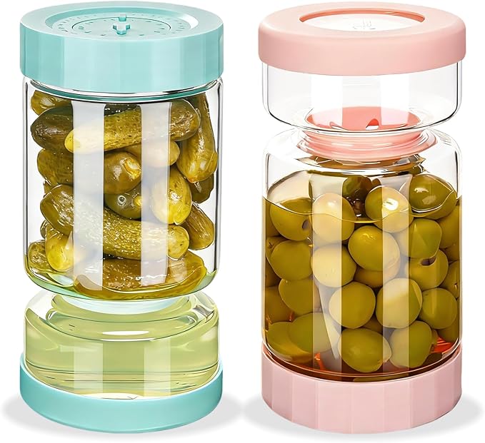 ZENS Pickle Jar with Strainer Flip, 37 oz Hourglass Pickle Juice Separator Container, Airtight Leakproof Lid, Dual Wet-Dry Design, Time Tracker Lid – 2 Pack Olive & Kimchi Jars