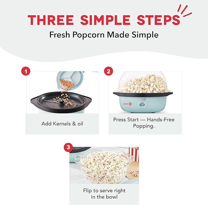 Dash SmartStore Deluxe Stirring Popcorn Maker - Hot Oil Electric Popcorn Popper with Butter-Warming Tray, Clear Serving Bowl, Storage Lid & Measuring Cup - 24 Cups, Aqua