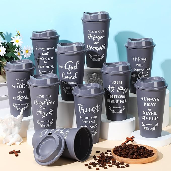Skylety 20 Pack Bulk Christian Gifts for Men Women 16oz Reusable Bible Verse Tumbler Plastic Coffee Cup with Lid Inspirational Religious Church Gift for Teacher Graduation Party Favor (Gray)