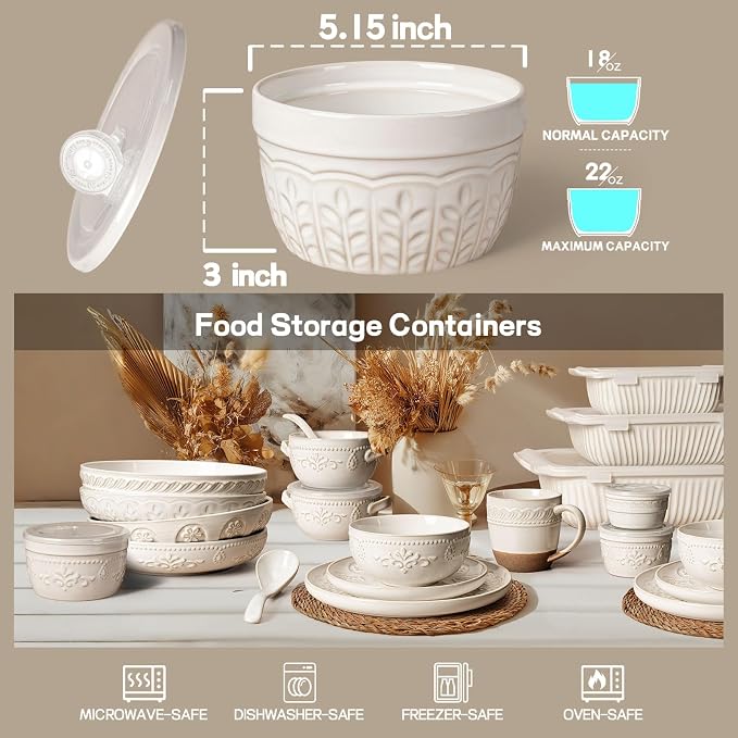 Artena Meal Prep Containers 22 OZ, 4 Pack Snack Containers, Reusable Food Storage Containers With Lids For Soup Yogurt Oatmeal Lunch Breakfast, Ceramic Cereal Bowls (White, Wheat Leaf)