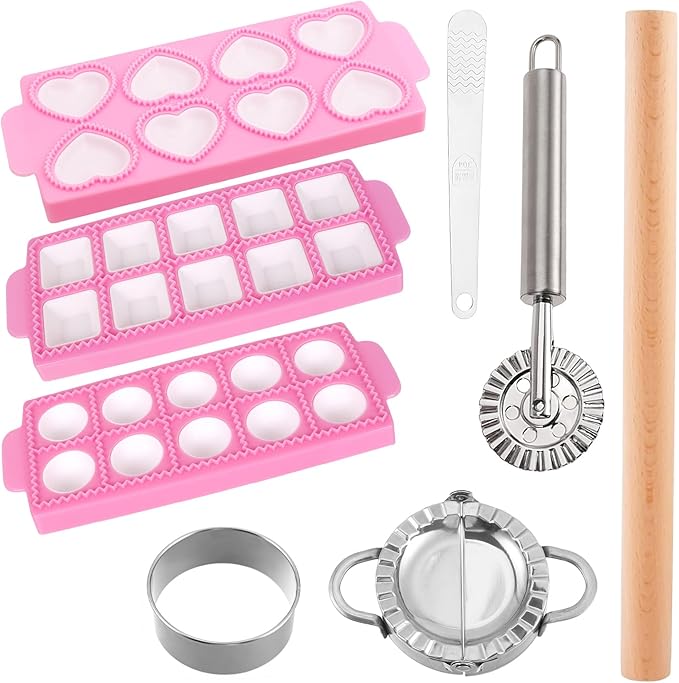 8pcs Ravioli Mold Set, 3 Rectangle Ravioli Maker Press + Dumpling/Pasta Cutter, Round Ravioli Cutter, Rolling Wheel, Dough Rolling Pin - Complete Pasta Making Tools for Ravioli Empanada