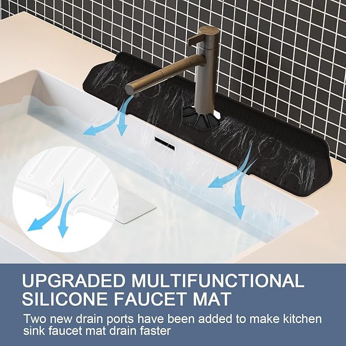 Faucet Guard - 90 Foldable Drain Mat for Kitchen & Bathroom with 2 Drain Ports (Black, 17.7"*5.66")