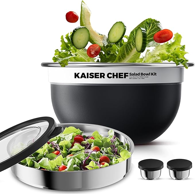 Salad Bowl Kit 74oz,Salad Container For Lunch,18/8 Stainless Steel,Salad Bowl With Lid, Includes 1.7oz Condiment Container and Removable Tray,Leak-Proof, Easy to Clean(Black)