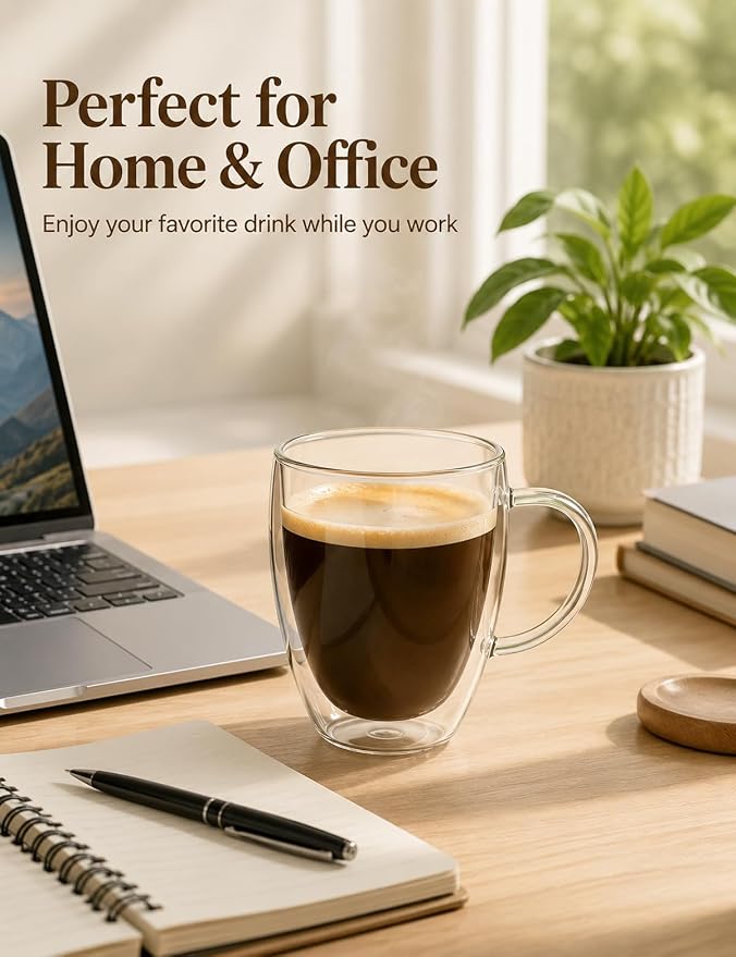 Set of 4 Double Walled Glass Coffee Mugs with Handles, 12oz Clear Coffee Mugs for Hot/Cold Beverages, Insulated Borosilicate Glass Cups for Cappuccino, Espresso, Latte, Tea, Milk, Microwave Safe