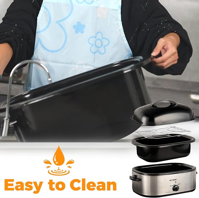 26 Quart Electric Roaster Oven with Visible & Self-Basting Lid, Large Turkey Roaster with Defrost Warm Function, Adjustable Temperature, Removable Pan Rack, Stainless Steel, Silver