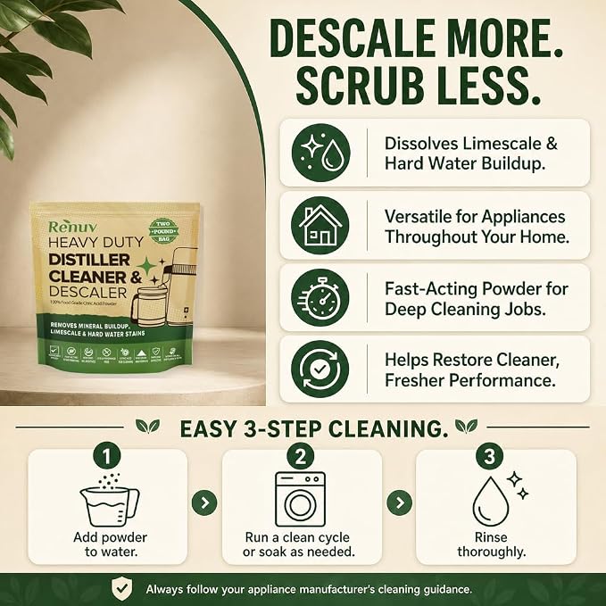 Renuv® Citric Acid for Cleaning & Descaling, 2LB Bulk | Powder Descaler For Water Distillers, Kettles, Pots, Boilers, Dispensers, Removes Limescale, Mineral Buildup, Hardwater Stain