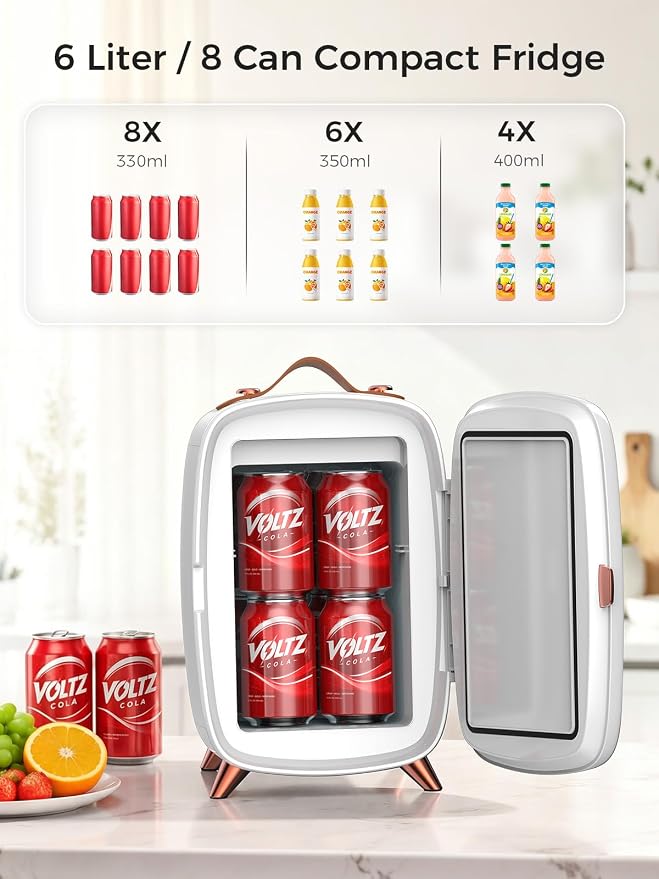 COWSAR Mini Fridge for Bedroom with Dimmable LED Light Mirror, 6 Liter/8 Can Skincare Fridge with Top leather handle, Portable Small Refrigerator Cooler for Cosmetic, Beverage and Food, Dorm, Office