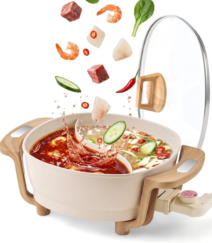Hot Pot Electric Hot Pot with Divider, Large 6.3QT Nonstick Dual-Sided Shabu Shabu Pot Dual-Flavor hotpot electric 1500W with Adjustable 5-Temperature Control ，Perfect for Family Dinners & Parties