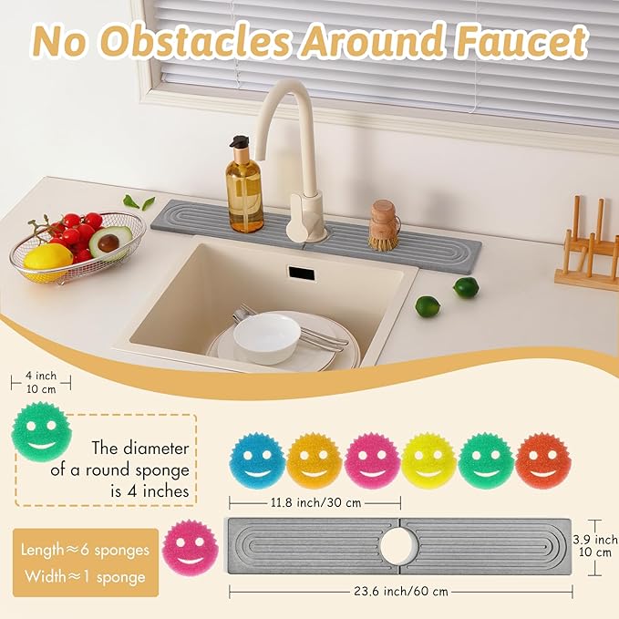 Diatomite Sink Protector for Kitchen, 23.6" Durable Faucet Mat Splash Guard, Super Absorbent Soap Drying Ttray Sponge Holder for Kitchen Bathroom Sink Accessories Gadgets, Gift for Sister, Light Gray
