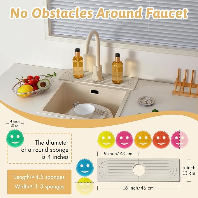 Detachable Faucet Handle Drip Catcher, Dish Drying Mat Soap Sponge Holder Tray for Kitchen Accessories, Bathroom Counter Sink Splash Guard, Home Organization Gadgets Organizer for Farmhouse, Ash Gray