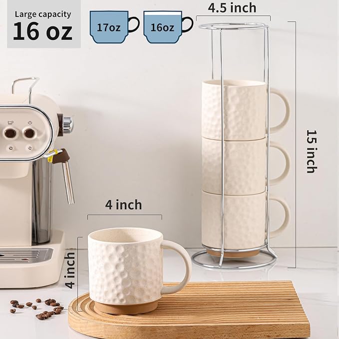 Nihow 16 OZ Ceramic Coffee Mug with Stackable Stand,Set of 4,White | Stackable, Stainless Stand Included, Cappuccino & Tea, Hot/Cold Drinks, Dishwasher & Microwave Safe