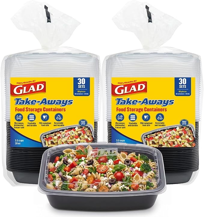 Glad Take-Aways 60-Pack Snap-Seal Rectangular Food Storage Containers, 28 oz, Leak-Resistant Lids, Dishwasher & Freezer Safe, Reusable Meal Prep Containers, BPA Free, Bulk Value, Made in North America