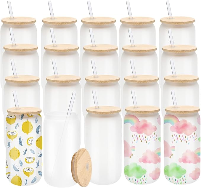 WHEATHUSK 20 Pack Sublimation Glass Cups Frosted 16oz Blanks Sublimation Borosilicate Glasses Tumbler with Bamboo Lids and Straws for Beer, Juice, Soda, Iced Coffee, Drinks