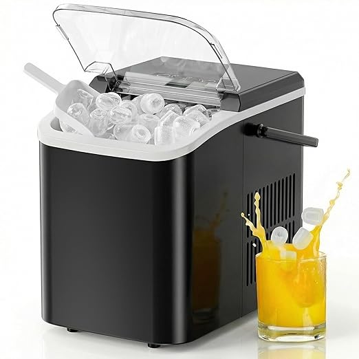 NEWBULIG Countertop Ice Maker Machine with Handle, Portable Bullet Ice Maker Produces 9 Cubes in 6 Minutes, 26 lbs per 24 Hours, Includes Basket & Scoop, for Home Kitchen RV Camping Party, Black