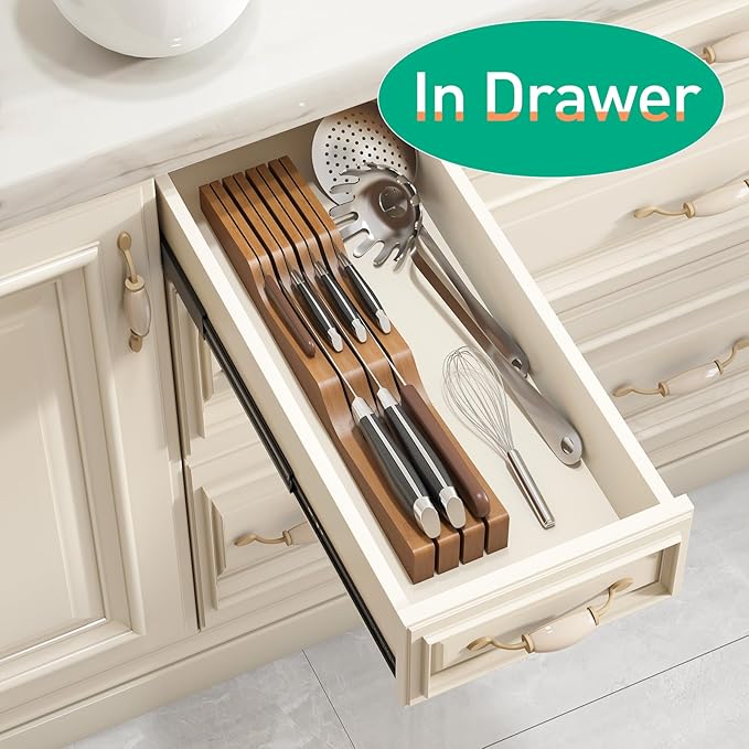 Knife Drawer Organizer, Bamboo Wood Knife Holder, Brown Knife Block Fit for 7 Knives
