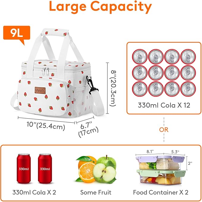 Lifewit Medium Lunch Bag, Insulated Lunch Box, Soft Cooler Cooling Tote for Adult Men Women, Strawberry 12-Can (9L)