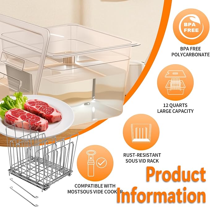12 Quart Sous Vide Containers with Lid & Rack Compatible with Wancle Anova Nano AN500-US00 Pro 3.0 Mini Joule,most Instant Pot Sous Vide Cooker,BPA Free (Container with lid and rack, 12 QT)