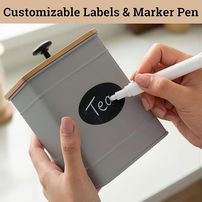 Kitchen Canisters for Countertop Set of 4 w/ Chalkboard Labels & Marker Pen | Airtight Easy Open Bamboo Lids, Dent-Resistant Thick Metal, Customizable Chalkboard Labels, Marker Pen Included, Set of 4