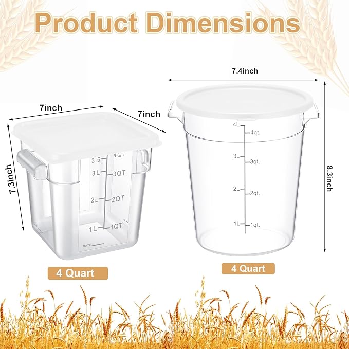 Blushtier 4 Pcs Food Storage Container with Lids Set 4 Qt Square and Round Clear PC Commercial Containers with Scale Handle for Home Restaurant Kitchen Food Storage, Dough Rise, Flour(White)