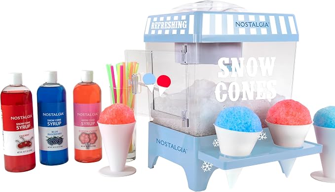 Nostalgia Snow Cone Machine – Retro Table-Top 8 Oz Snow Cone Maker Makes 20 ICY Treats– Countertop Slushie Machine Includes 2 Reusable Plastic Cups & Ice Scoop-Vintage Blue