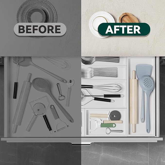 Lixple Bamboo Drawer Organizer, Narrow Silverware Organizer for Kitchen, Stackable Utensil Organizer, 2 Pcs Flatware Organizer for Drawer, Wooden Storage Box Tray (White, 12 X 3 X 2 Inch)