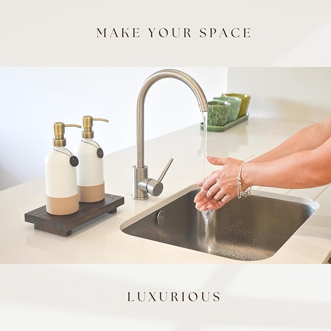Finisterra White Hand and Dish Soap Dispenser Set With Tray - Boho Bathroom and Kitchen Soap and Lotion Dispenser Set - Luxury Hand Soap Dispenser