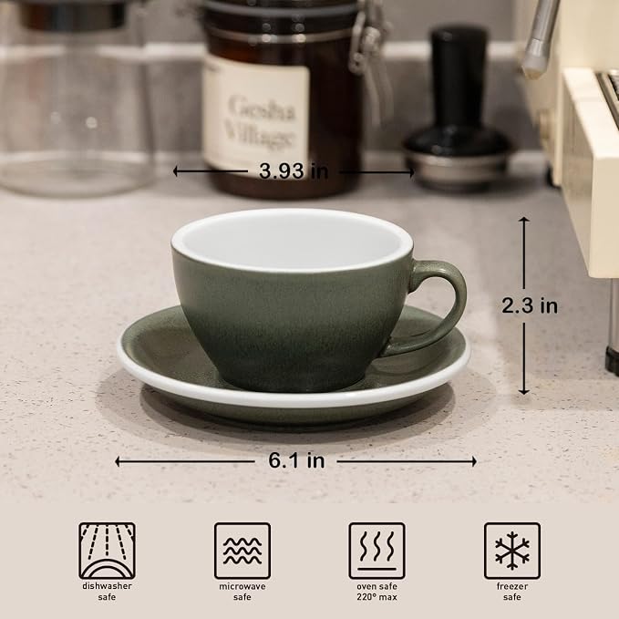 Loveramics Matt Cappuccino Cup, 8 oz Ceramic Latte Art Mug with Saucer, Thick-walled stoneware cup Set, Barista Latte Cup Set for Latte, Cappuccino, Tea - Mineral Colors (Forest, 8OZ)