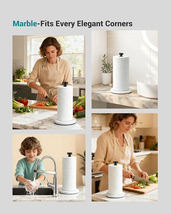 Paper Towel Holder Countertop, Marble Weighted Base, Glossy Black, One-Handed Tear, Freestanding Paper Towel Stand Rack with Ratchet Mechanism for Kitchen Toilet Bathroom Essentials Decor Accessories