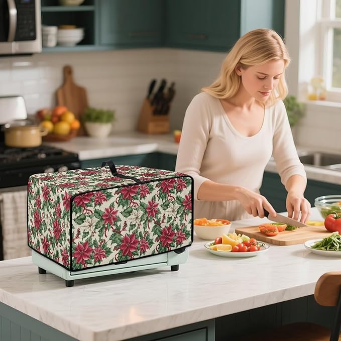 Air Fryer Toaster Oven Dust Cover Dustproof Convection Oven Cover with Side Pockets for Small Kitchen Appliances, M, 16.5 x 20.5 x 10 Inches, Poinsettia Flower Christmas Decor