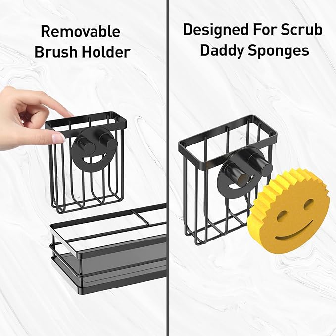 Moforoco Kitchen Dish Soap Dispenser Set, 16OZ Glass Bottle, Hand and Dish Soap Dispenser Set, Instant Dry Tray, Brush Holder with Smiley Face Sponge Holder (Black Tray+Black Bottle)