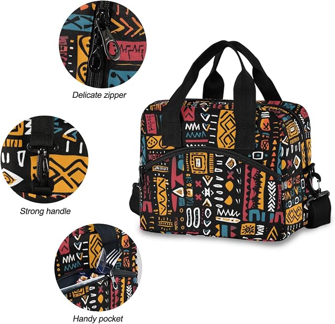 OREZI Reusable Lunch Bag for Girls Boys Women Men,African Ethinic Geometric Print Lunch Box Container with Detachable Shoulder Strap,Insulated Lunch Coolers for School Office