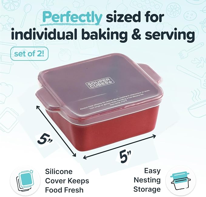 Souper Cubes Ceramic Baking Dishes 2.0-5" x 5" Baking Dishes with Silicone Lids, Individual Baking Dishes for Oven, Microwave, Oven and Air Fryer Safe, USA Made, Set of 2 - Cranberry