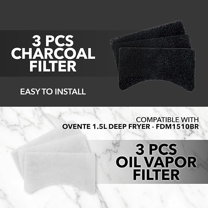 OVENTE 1.5 Liter Electric Deep Fryer FDM1501BR Charcoal and Oil Vapor Replacement Filter Set Pack of 3, White and Black ACPFDM1503