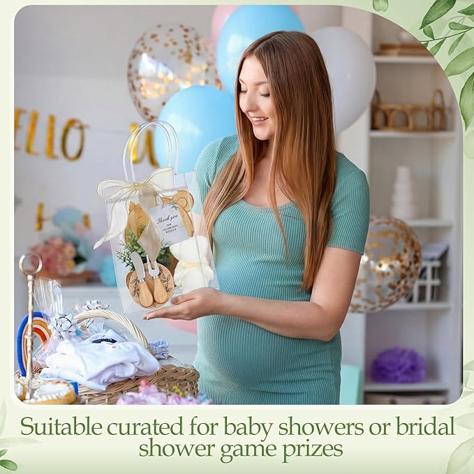 Honeydak 49 Pcs Bear Baby Shower Prizes for Game Players 6 Sets Bear Shaped Bamboo Cheese Board Fork Knives Coasters Towel Potted Plant Thanks Card Gift Bag for Baby Bridal Shower Wedding Favors