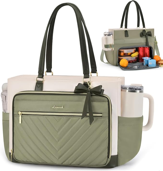 LOVEVOOK Lunch Tote Bag for Women, Insulated Lunch Bag with Laptop Compartment & Large Cup Holder, Teacher Tote Bag with Zipper, Handbag Insulated Bag Leakproof for Work, Nurse, Office, 15.6 Inch