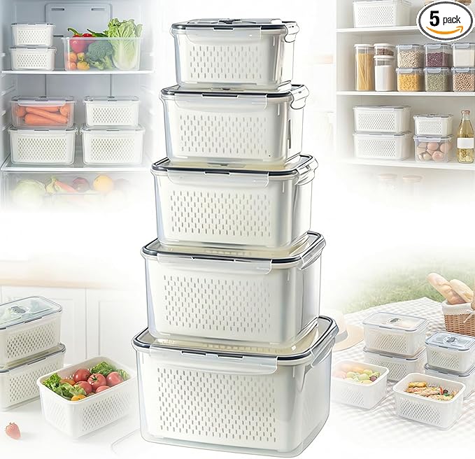 Produce Storage Containers Set with Drain Basket & Lid – Stackable Fridge Organizer Bins for Refrigerator – Fruit & Vegetable Storage Keeper, Berry Container, Lettuce Storage Box (6 Sizes) (5)