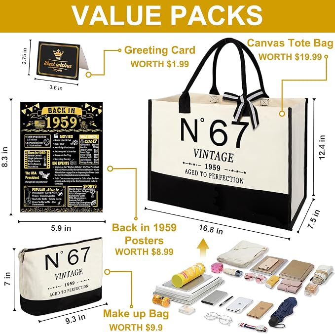 YeohJoy 67th Birthday Gifts for Women Canvas Tote Bag Travel Gear, Unique 67 Years Old Gifts for Wife Mom Sister Aunt Friends Her, Vintage N°67 Handbag & Cosmetic Bag & Back in 1959 Poster