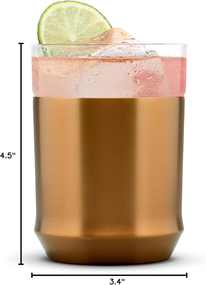 Elevated Craft Hybrid Rocks Glass Premium Vacuum Insulated Steel Base with Removable Insert - 12oz Cocktail Glass, Double Old Fashioned Lowball for Margaritas, Bourbon, Whiskey - Copper
