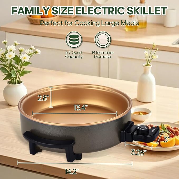 14" Large Electric Skillet with lid, Ceramic Nonstick Coating Electric Frying Pan, 1500W Quick & Even Heating, 5 Adjustable Temperature Control, Tempered Glass Lid & Cool-Touch Handles
