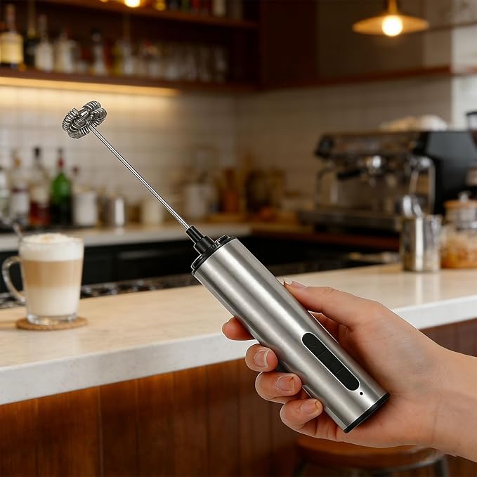 Haofy Milk Frother Wand, USB Rechargeable Stainless Steel Handheld Electric Whisk with Compact Portable Design for Coffee Lattes Cappuccino Hot Chocolate