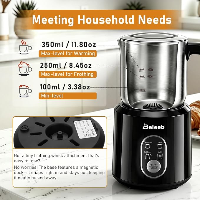 Detachable Milk Frother and Steamer, Dishwasher Safe Stainless Steel Milk Jug, 4-in-1 Electric Automatic Hot/Cold Foam Maker & Hot Chocolate Machine, 11.8oz/350ml, for Latte, Cappuccino
