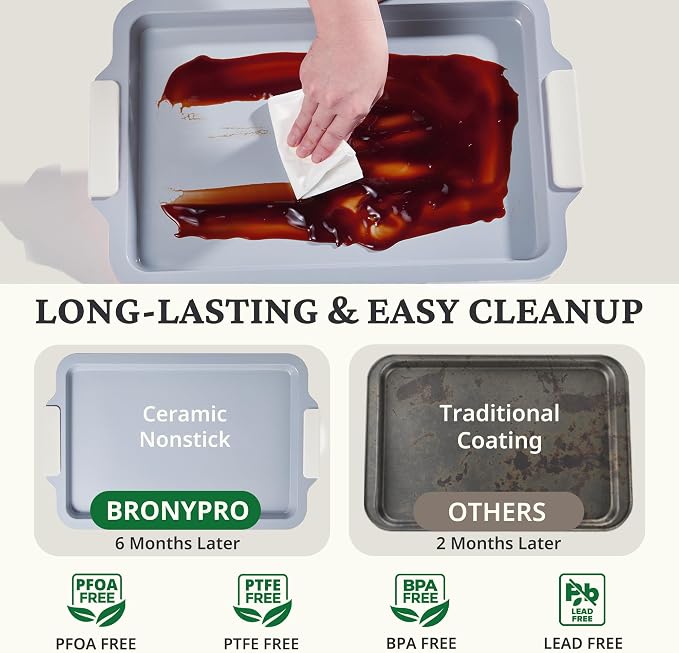 BRONYPRO Non Stick Ceramic Baking Sheet Pan Set of 3, Non Toxic Cookie Sheets (PFAS/PFOA/PTFE Free), Aluminized Steel Oven Trays with Silicone Handles, Rust-Resistant, Warp-Resistant to 500°F, Cream