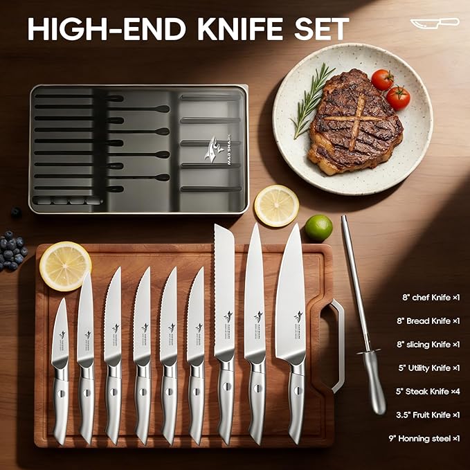 MAD SHARK Knife Sets, 11 Pieces Kitchen Knife Set with Block, High Carbon Stainless Steel Knives with Sharpener Rod, Non Slip Ergonomic Handle, Quality Drawer Organizer, Gift Box Packaging