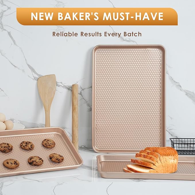 Baking Sheet Pan Set of 3, Nonstick Carbon Steel Cookie Sheets with Texture | Commercial Half/Quarter/Jelly Roll Pans Replacement Toaster Oven Tray, Heavy Duty & Easy Clean