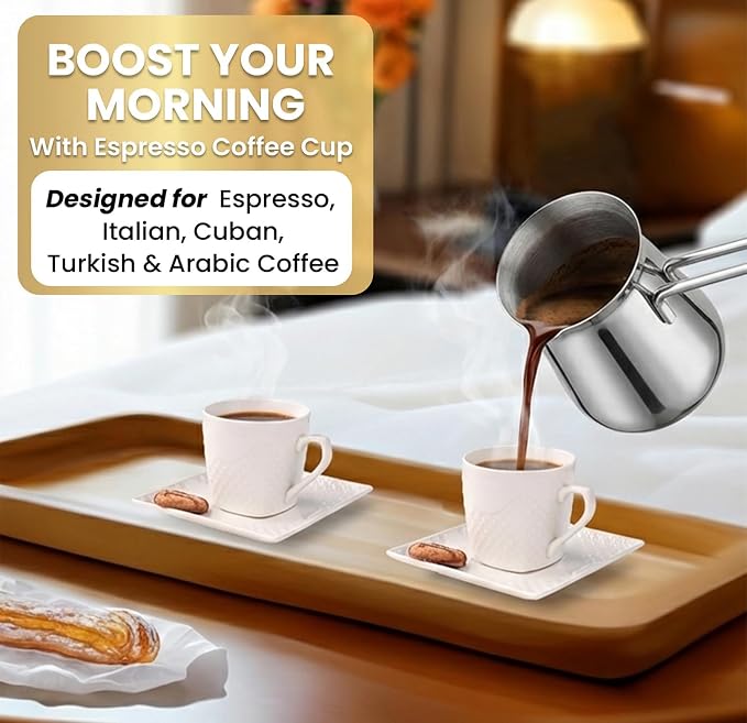 FUOCCI Espresso Cups With Saucer - 3 oz (90 ml) Turkish Coffee Cup, Small Modern Embossed Porcelain for Expresso, Cuban & Arabic Coffee, Elegant White (Set of 6)