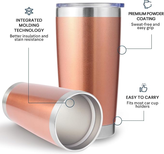 Volhoply 20oz Stainless Steel Tumbler with Lid and Straw Bulk 12 Pack,Double Wall Insulated Travel Iced Coffee Mug Fits Cup Holder,Powder Coated Cups for Cold Drinks,Christmas Gifts（Rose Gold,12 Set）